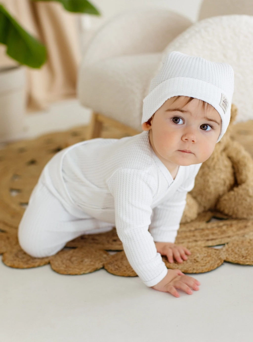 Natürliche Waffel-Babymütze – Weiß