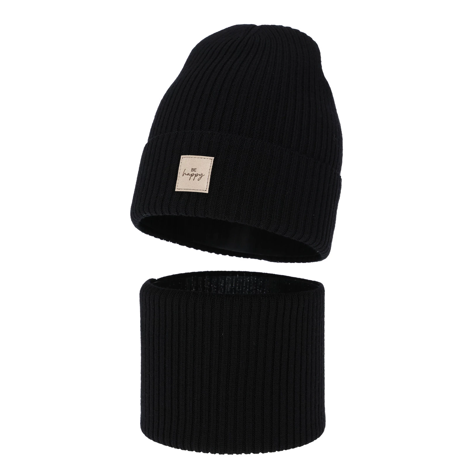 Herbst und Frühlingsset Mädchen: Mütze und Schlauchschal, 100% Merinowolle, Schwarz, Vanita