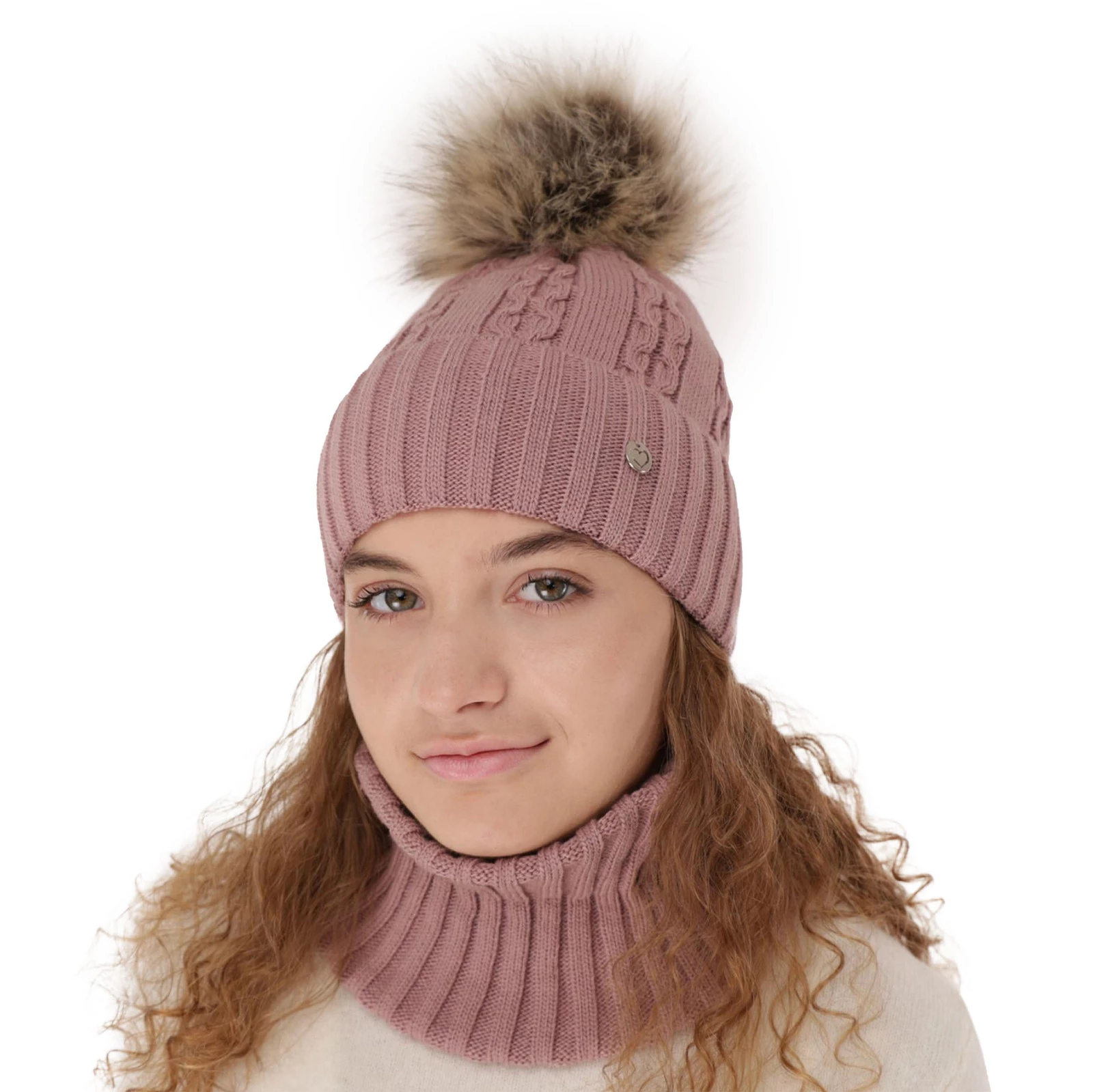 Winterset Mädchen: Mütze und Schlauchschal mit Bommel Violett Felia
