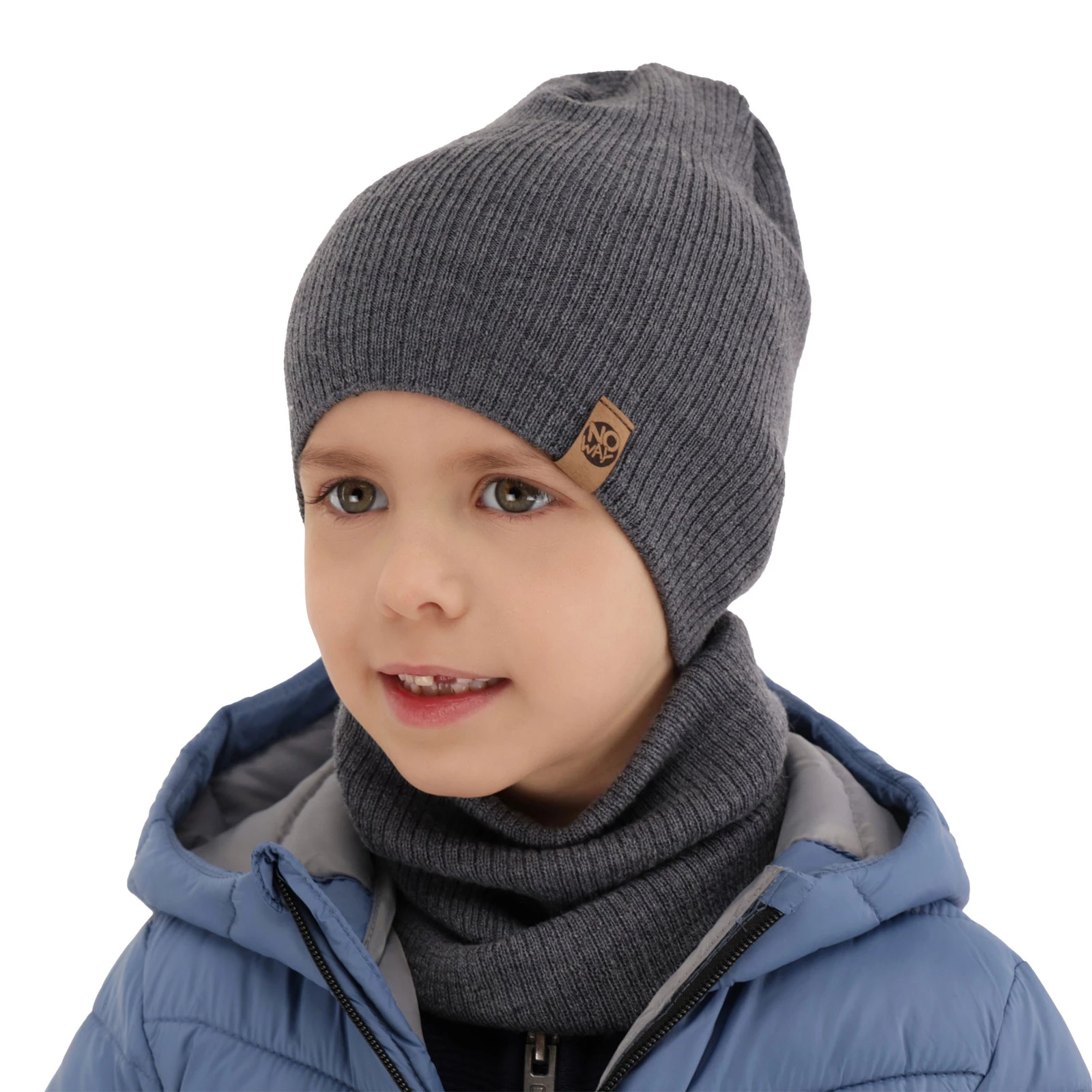 Herbst und Frühlingsset Jungen: Mütze und Schlauchschal 100% extrafeine Merinowolle Khaki Richi