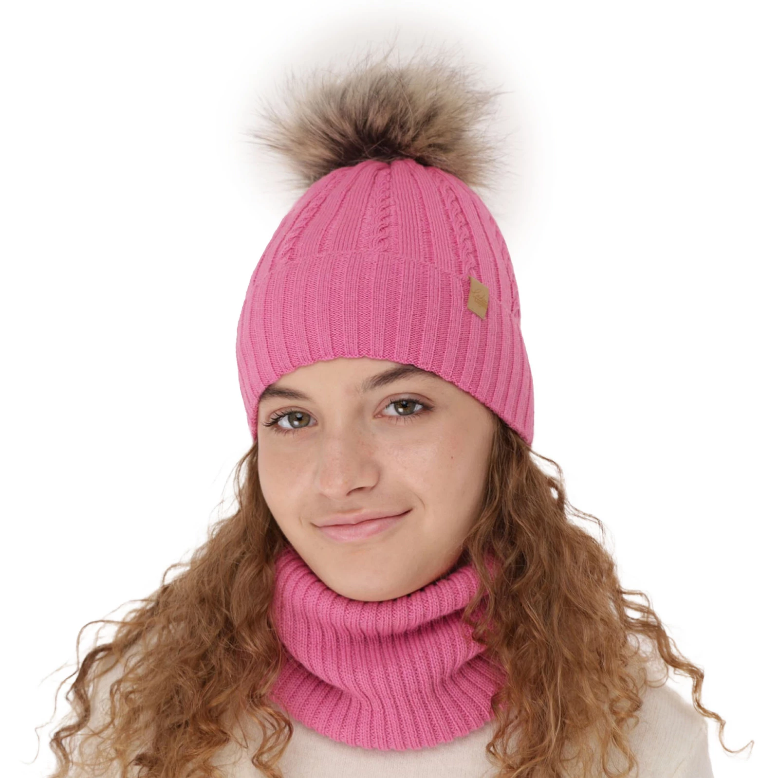Winterset für Mädchen: Mütze und Schlauchschal aus Merinowolle in Beige Mirabel