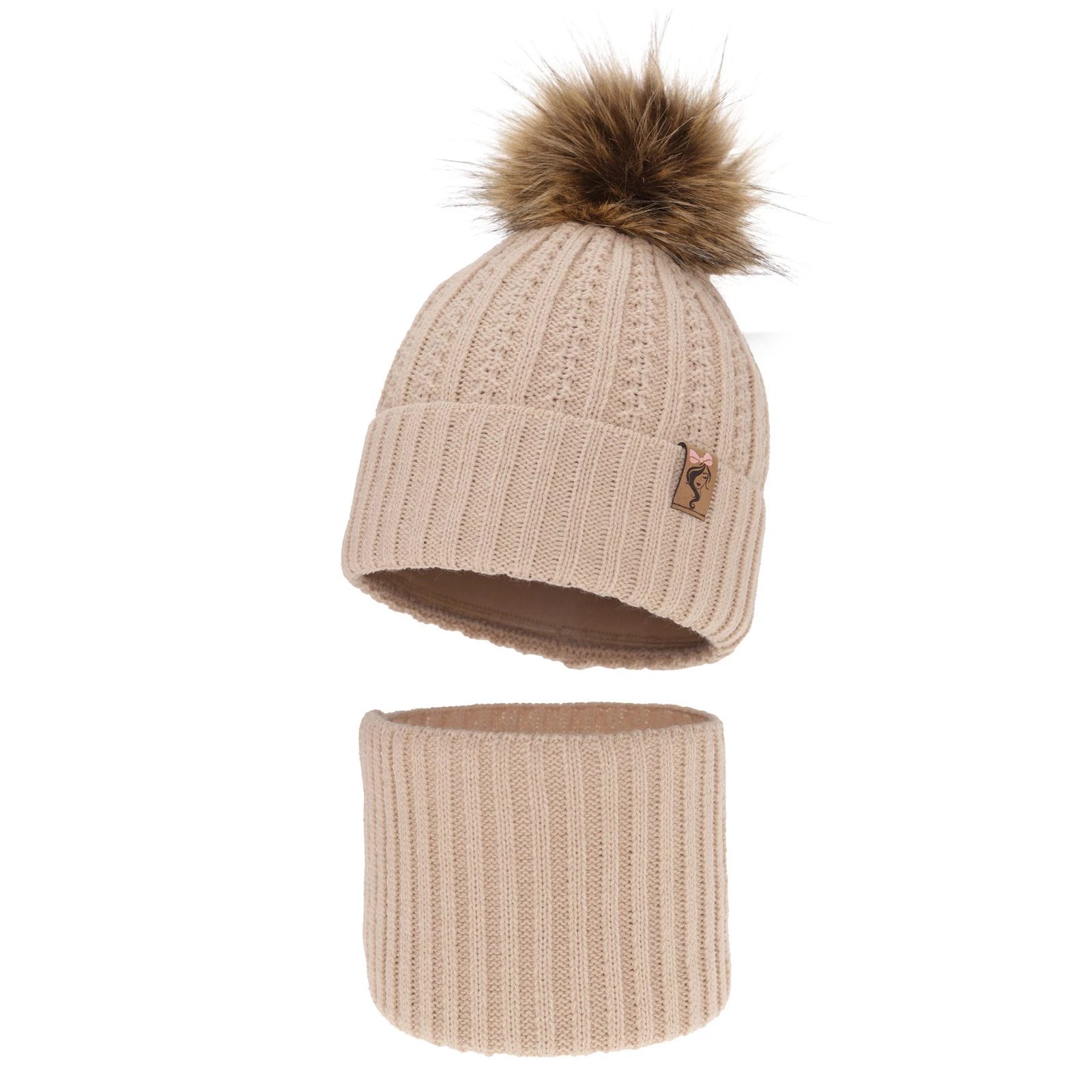 Winterset Mädchen: Mütze und Schlauchschal mit Bommel Beige Larina