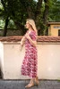 Two Ways LONG Umstands- und Stillkleid, bordeauxrot, mit hellen Blumen, kurze Ärmel