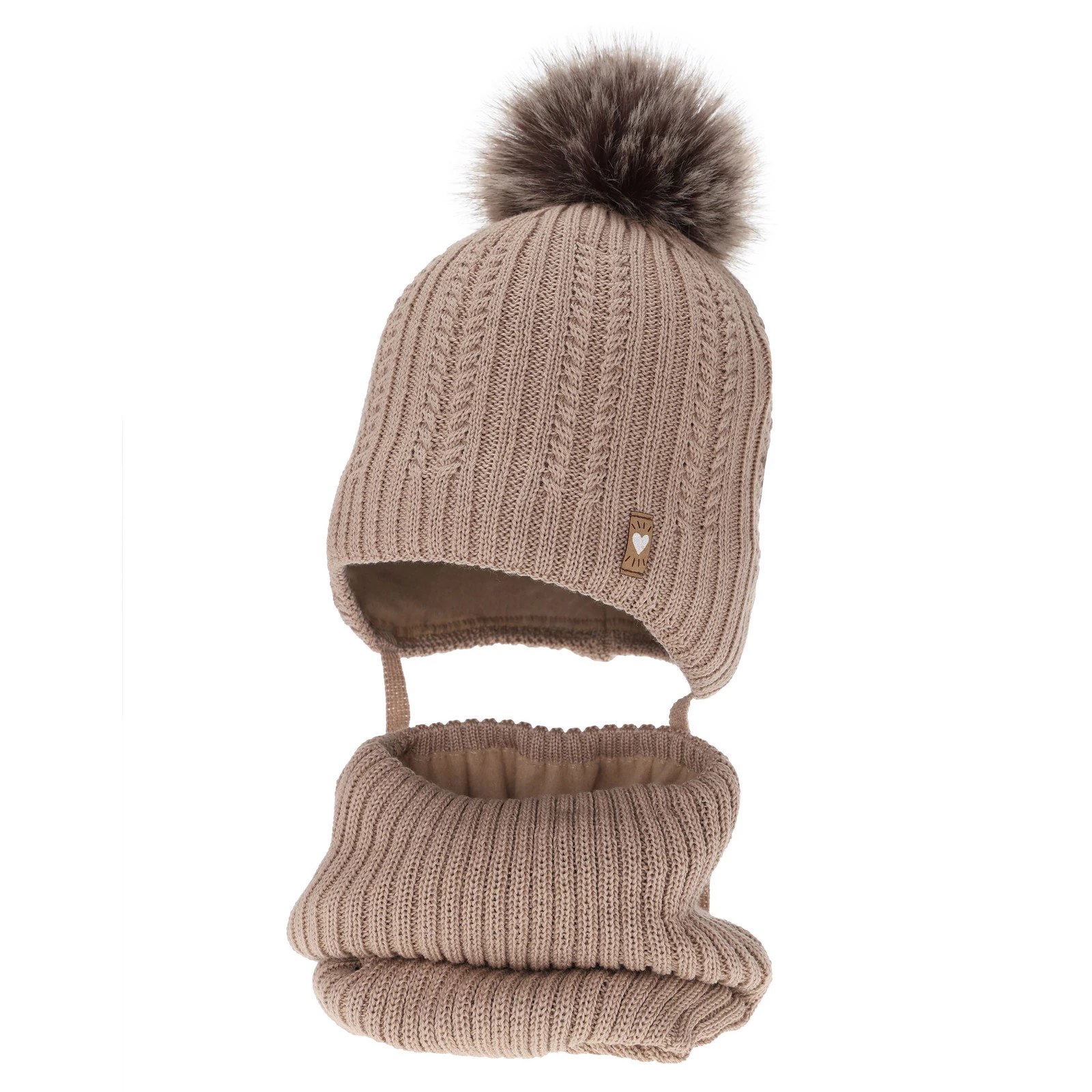 Winterset Mädchen: Mütze und Schlauchschal mit Merinowolle, Beige, Muanda