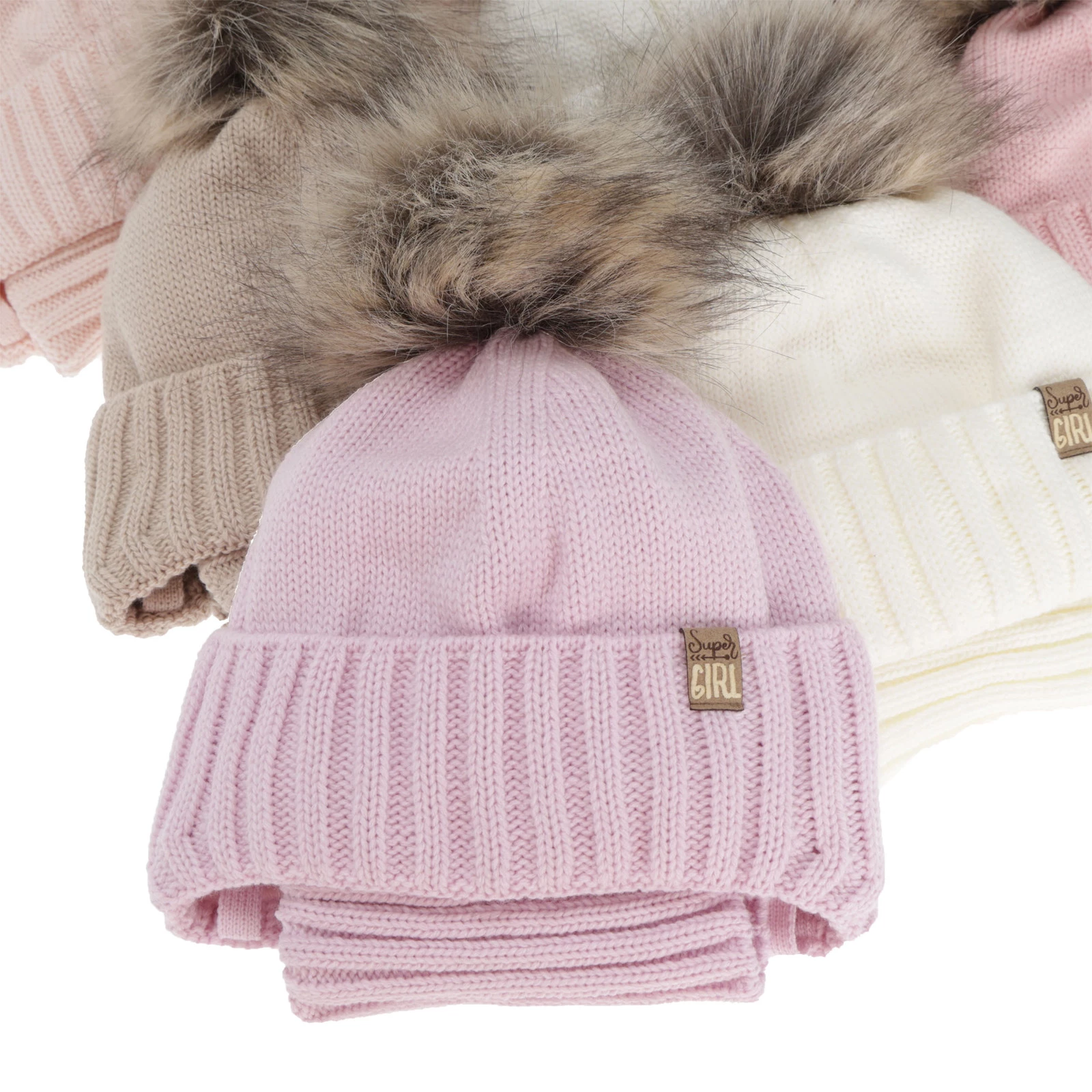 Winterset Mädchen: Mütze und Schlauchschal, winter, cremeweiß, mit Bommel, Primula