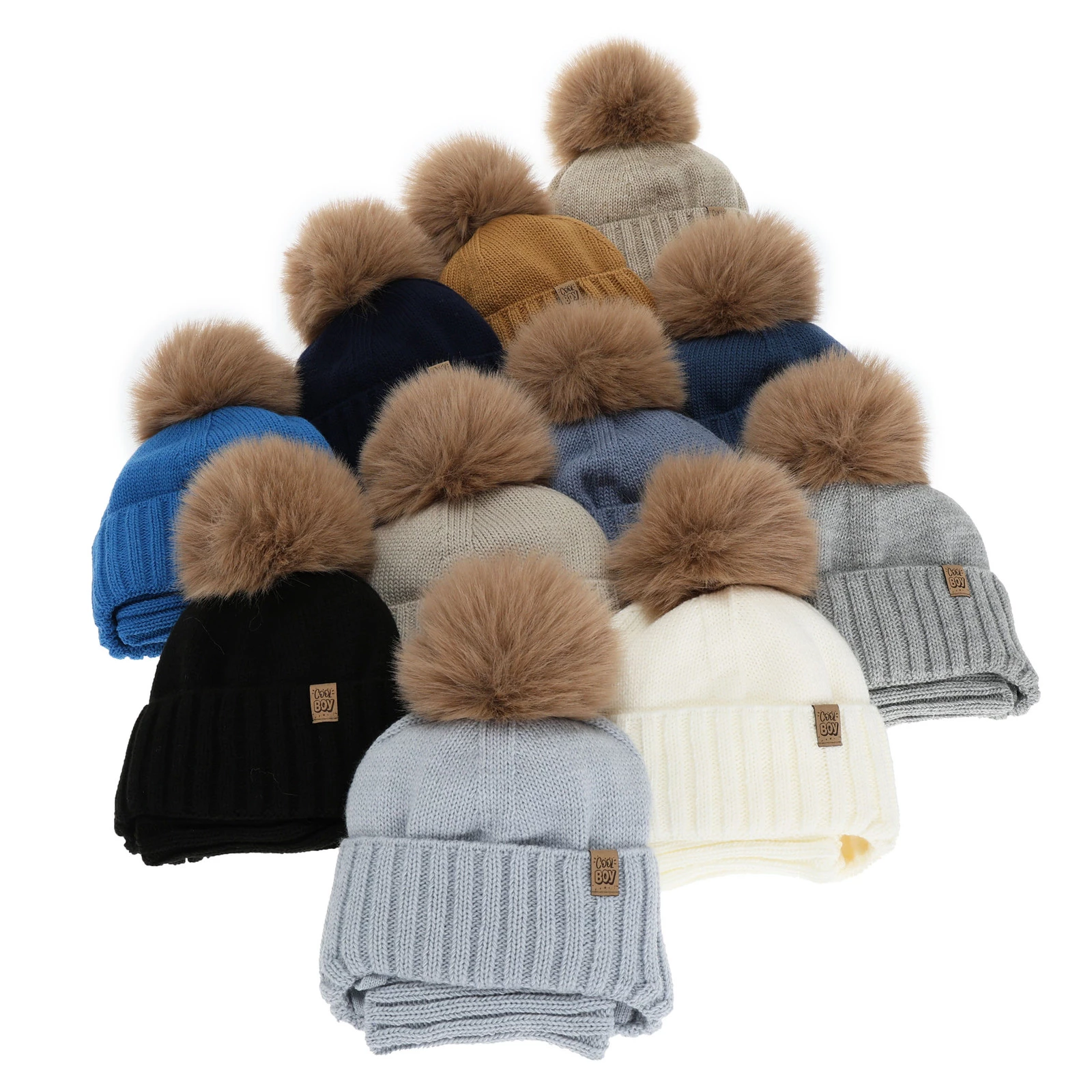 Winterset für Jungen: Mütze und Schlauchschal, mit Bommel, Beige, Talens