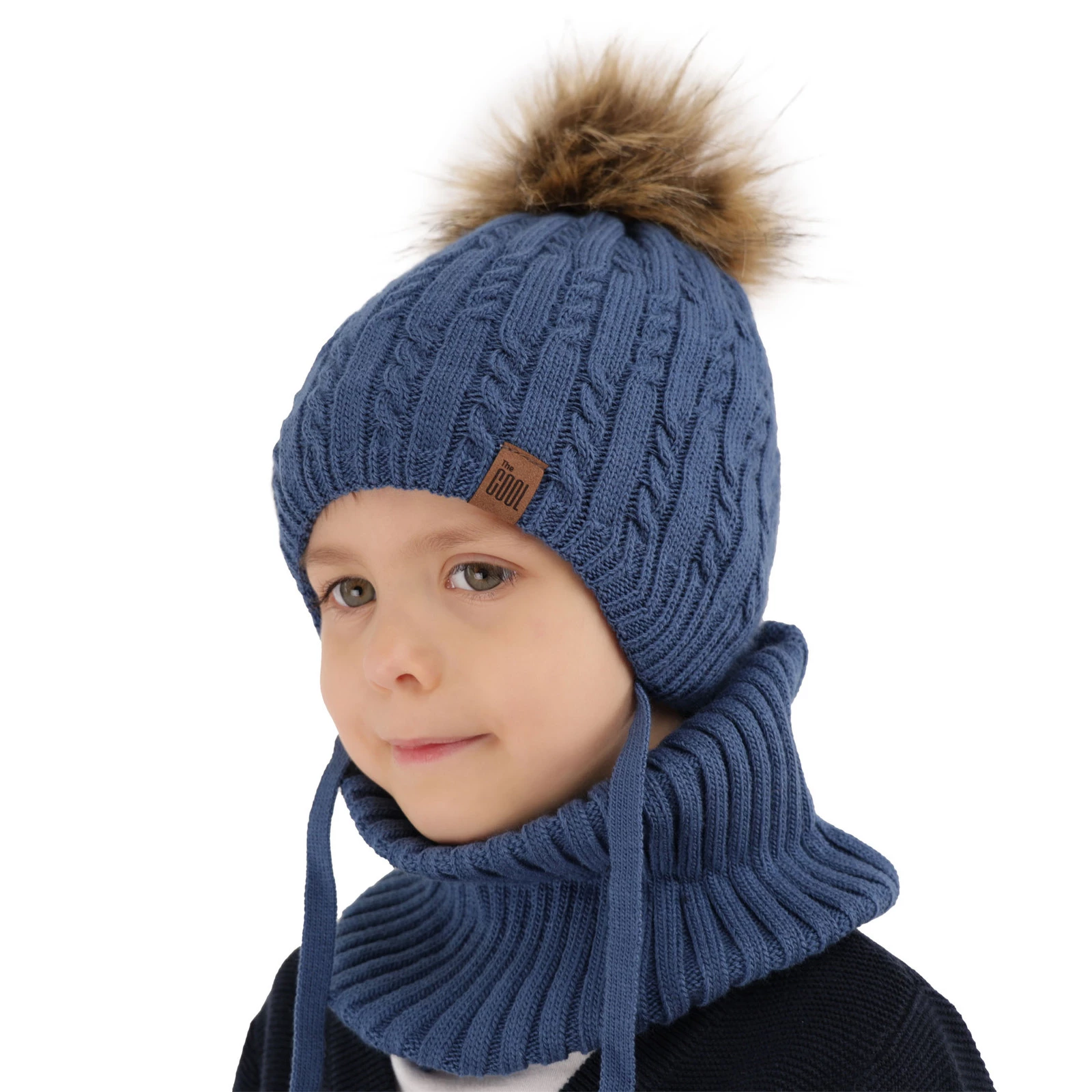 Winterset für Jungen: Mütze und Schlauchschal mit Bommel in Light Blau Indigo