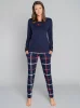 Langärmliger Pyjama für Damen von Izera. lange Hose marineblau/gemustert