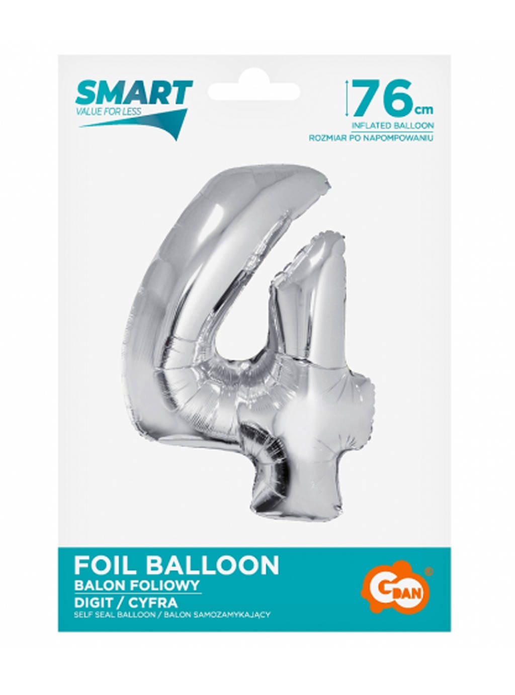 Srebrny Balon Smart cyfra "4" -76cm
