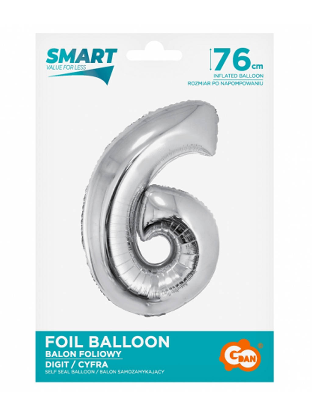 Srebrny Balon Smart cyfra "6" -76cm